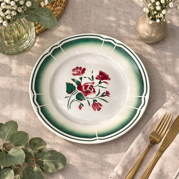 Assiettes plates anciennes Badonviller – Lot de 5 – Décor floral vert et rouge