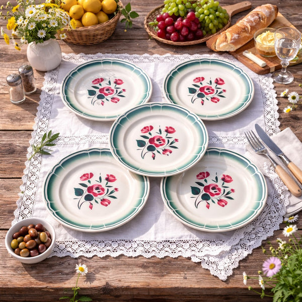 Assiettes plates anciennes Badonviller – Lot de 5 – Décor floral vert et rouge