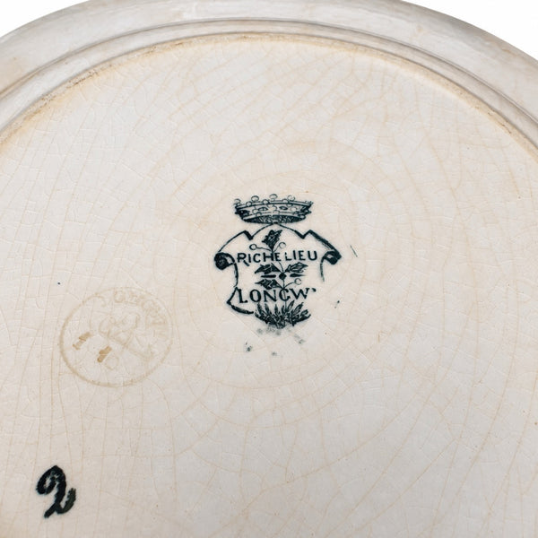 Lot de 5 assiettes plates anciennes en faïence de Longwy modèle « Richelieu » – Décor oiseaux et chardons, avec patine ancienne