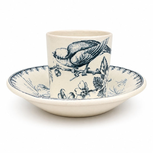 Petite tasse de dînette de poupée ancienne en faïence de Lunéville – décor Mésange