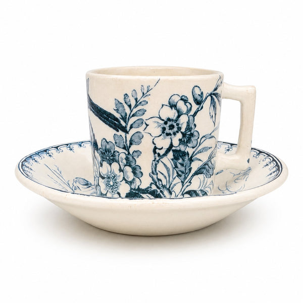 Petite tasse de dînette de poupée ancienne en faïence de Lunéville – décor Mésange