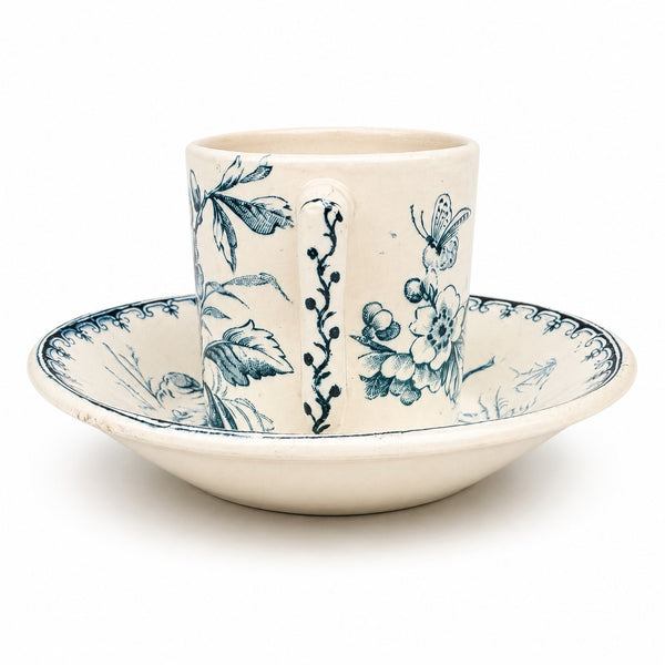 Petite tasse de dînette de poupée ancienne en faïence de Lunéville – décor Mésange