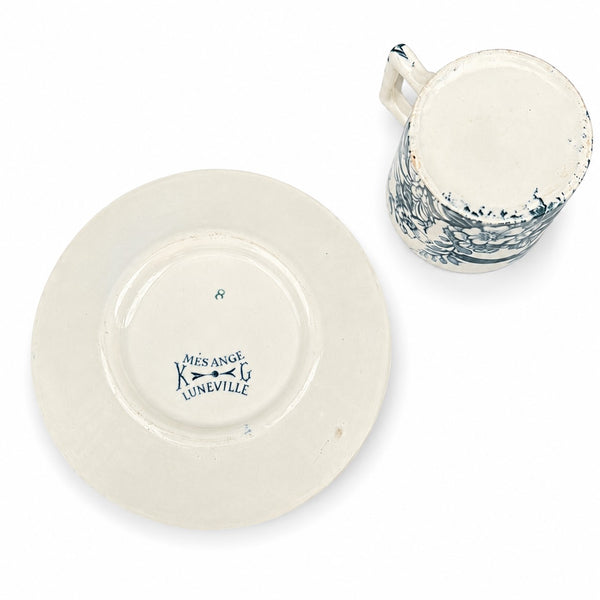 Petite tasse de dînette de poupée ancienne en faïence de Lunéville – décor Mésange
