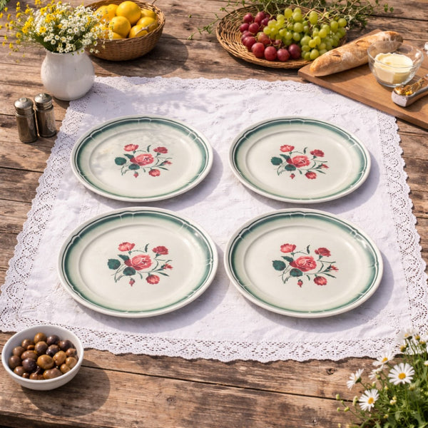 Assiettes plates anciennes Badonviller – Lot de 4 – Décor floral vert et rouge