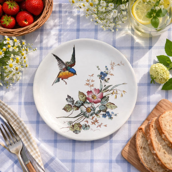 Assiette à dessert ancienne HB & Cie Choisy-le-Roi – décor oiseau & fleurs polychrome