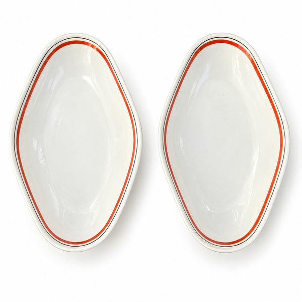 Paire de raviers vintage en porcelaine d’Auteuil Paris – Service Bistrot – Création Jacques Lobjoy – Décor rouge et noir