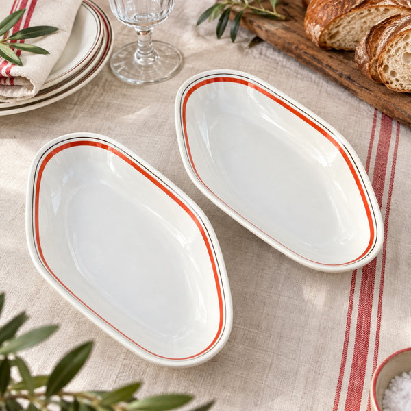 Paire de raviers vintage en porcelaine d’Auteuil Paris – Service Bistrot – Création Jacques Lobjoy – Décor rouge et noir