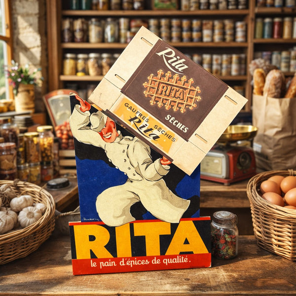 Carton publicitaire ancien RITA – présentoir pain d’épices – dessin Léon Dupin