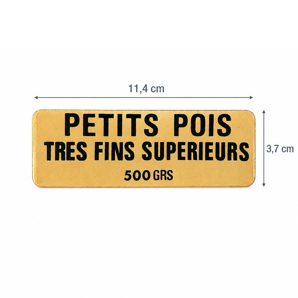 Ancienne étiquette d’épicerie « Petits pois très fins supérieurs 500 GRS » en plastique rigide
