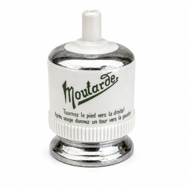 Moutardier automatique ancien « Mostrix » en porcelaine et peinture argentée