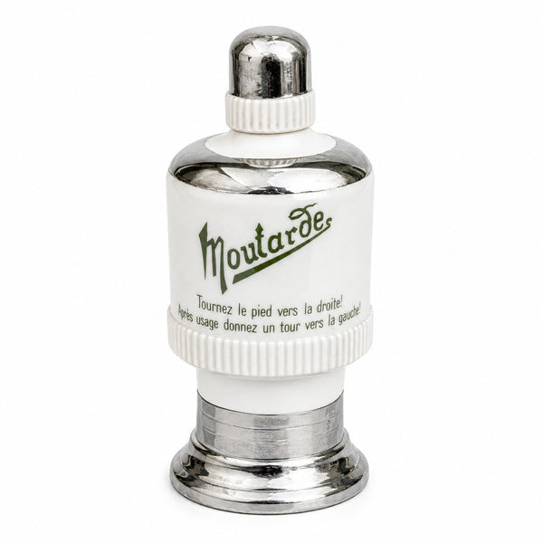 Moutardier automatique ancien « Mostrix » en porcelaine et peinture argentée