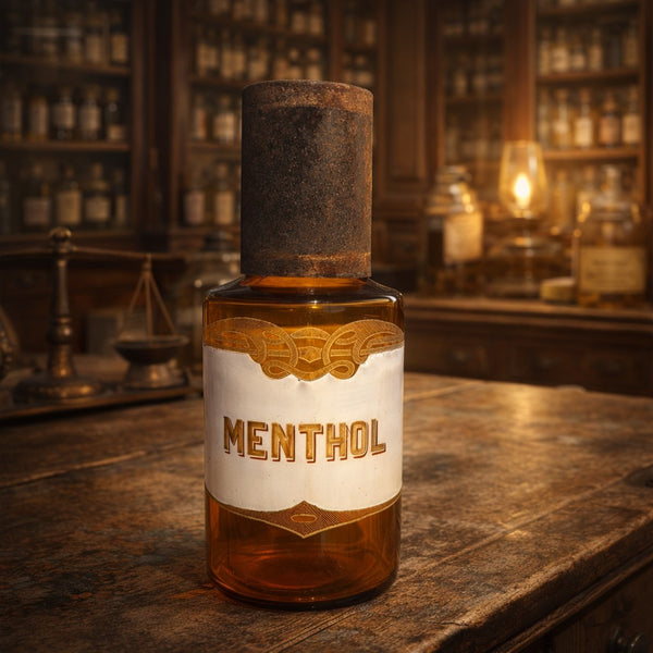 Petit flacon à pharmacie ancien en verre ambré – décor émaillé & étiquette “MENTHOL”