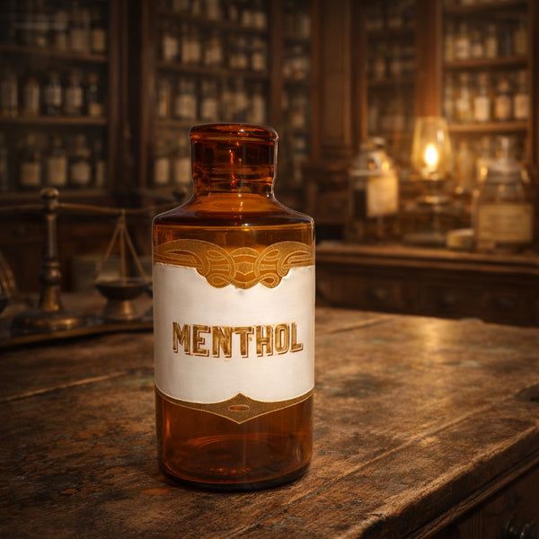 Petit flacon à pharmacie ancien en verre ambré – décor émaillé & étiquette “MENTHOL”