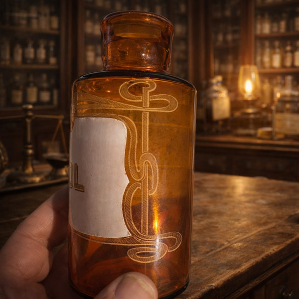 Petit flacon à pharmacie ancien en verre ambré – décor émaillé & étiquette “MENTHOL”