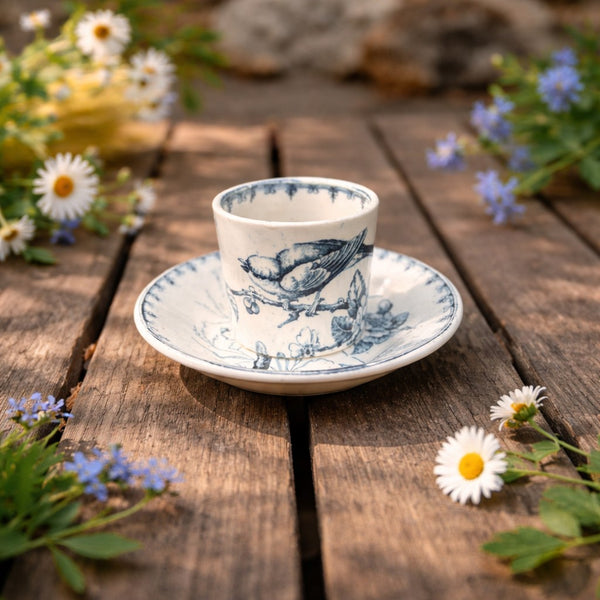 Petite tasse de dinette de poupée ancienne en faïence de Lunéville – décor Mésange