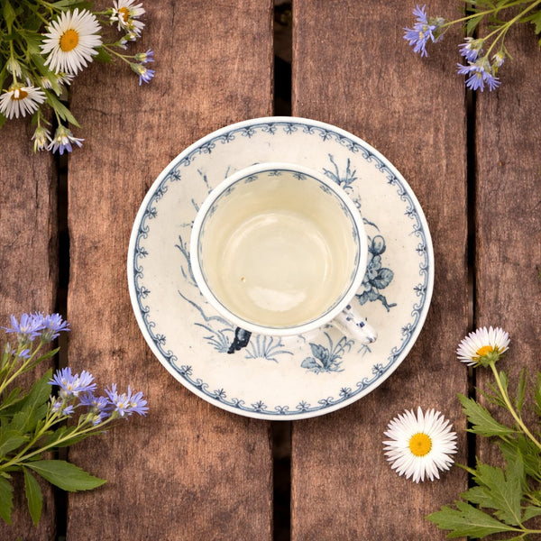 Petite tasse de dinette de poupée ancienne en faïence de Lunéville – décor Mésange