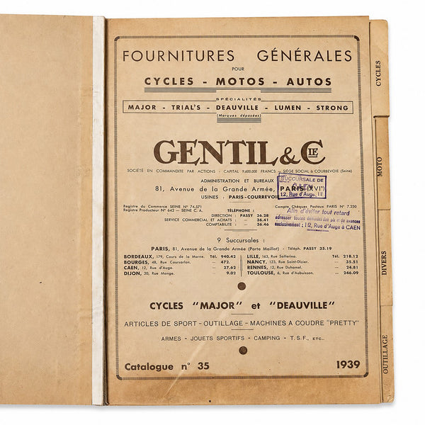 Ancien catalogue Gentil & Cie Paris 1939 – Fournitures générales pour cycles, motos et autos
