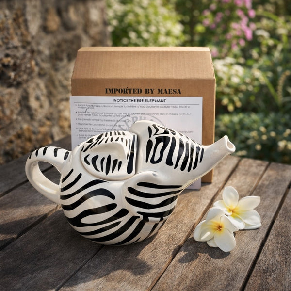 Théière Éléphant publicitaire en céramique – Motif zébré noir & blanc – 90 cl