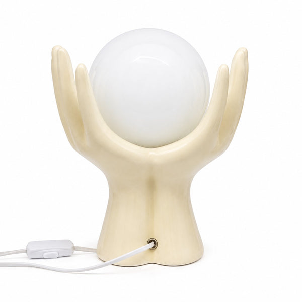 Lampe vintage ivoire en céramique en forme de mains – globe opalin blanc