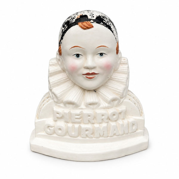 Ancien présentoir à sucettes Pierrot Gourmand double face en faïence des années 1950-1960