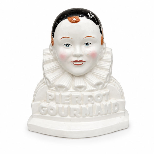 Ancien présentoir à sucettes Pierrot Gourmand double face en faïence des années 1950-1960
