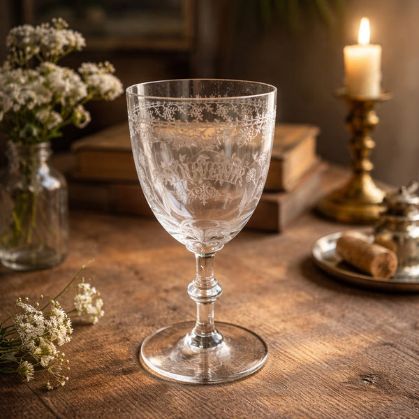 Verre à pied ancien en cristal gravé “Souvenir” – fin XIXe siècle