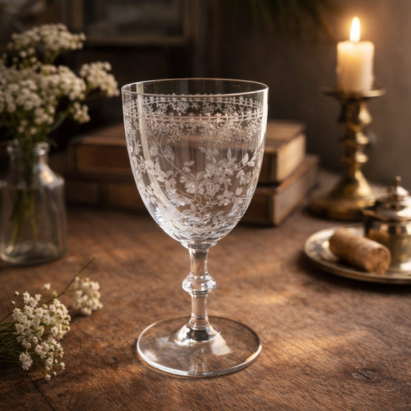 Verre à pied ancien en cristal gravé “Souvenir” – fin XIXe siècle