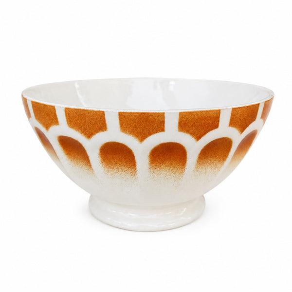 Gros bol à soupe ancien à facettes en faïence décor géométrique ocre et blanc
