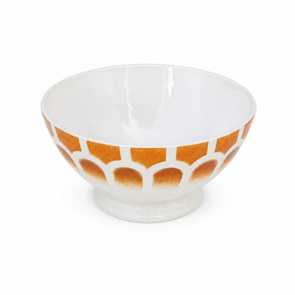Gros bol à soupe ancien à facettes en faïence décor géométrique ocre et blanc