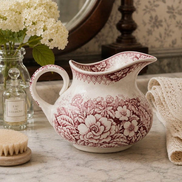 Broc de toilette ancien modèle « Jardinière » en faïence imprimée rouge – Saint-Amand & Hamage Nord
