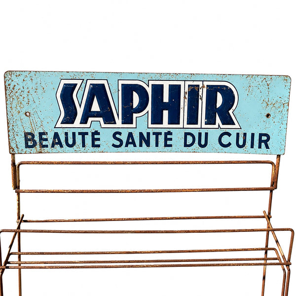 Présentoir de cordonnier ancien publicitaire cirage SAPHIR en métal filaire