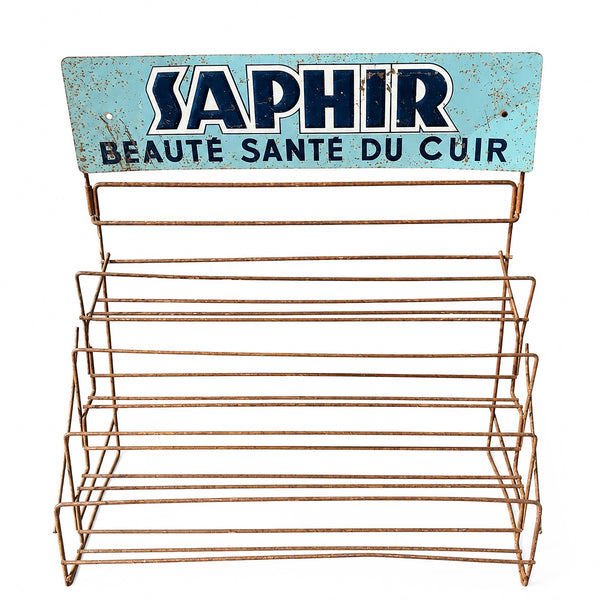 Présentoir de cordonnier ancien publicitaire cirage SAPHIR en métal filaire