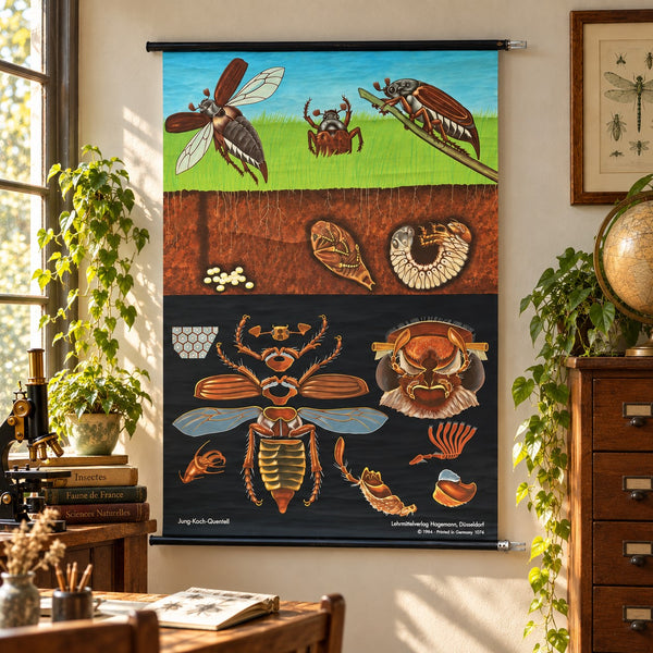 Ancienne planche scolaire murale Hagemann « Maikäfer – Melolontha vulgaris » – Zool. 31 – Jung-Koch-Quentell – 1973