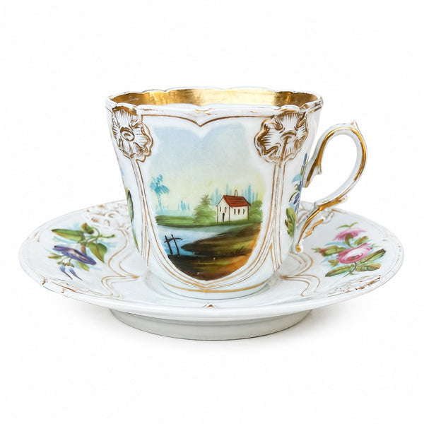 Grande tasse à chocolat ancienne en porcelaine de Paris à décor floral et paysager