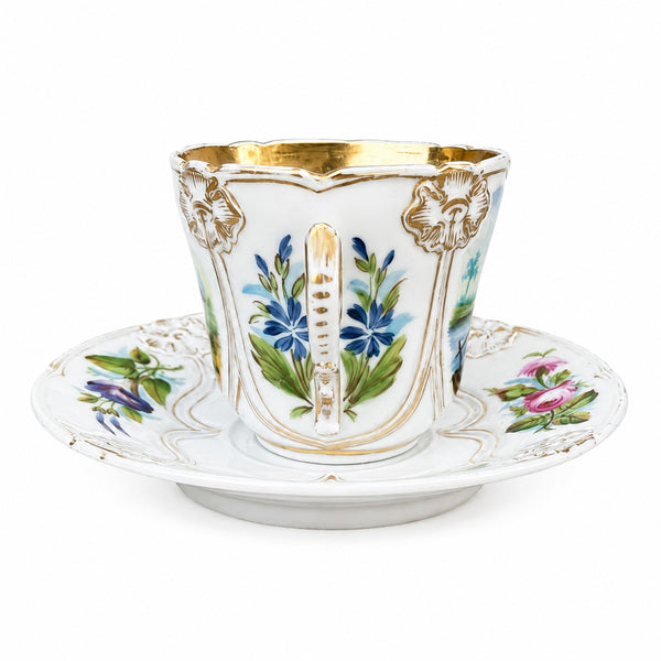 Grande tasse à chocolat ancienne en porcelaine de Paris à décor floral et paysager