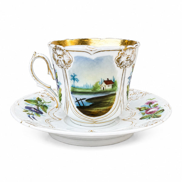 Grande tasse à chocolat ancienne en porcelaine de Paris à décor floral et paysager