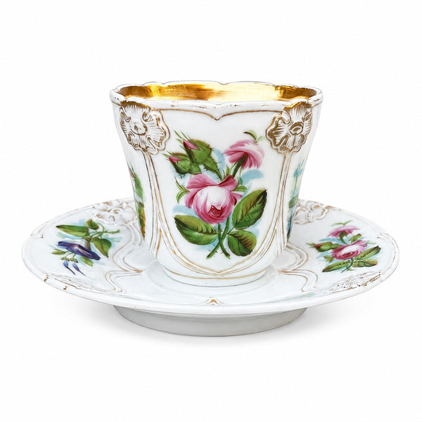 Grande tasse à chocolat ancienne en porcelaine de Paris à décor floral et paysager