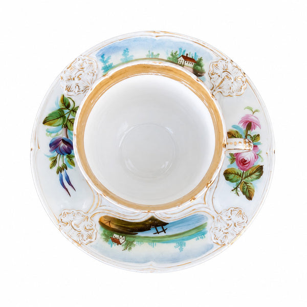 Grande tasse à chocolat ancienne en porcelaine de Paris à décor floral et paysager