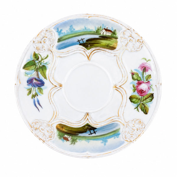 Grande tasse à chocolat ancienne en porcelaine de Paris à décor floral et paysager