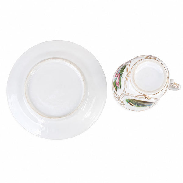 Grande tasse à chocolat ancienne en porcelaine de Paris à décor floral et paysager