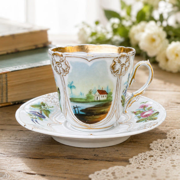 Grande tasse à chocolat ancienne en porcelaine de Paris à décor floral et paysager