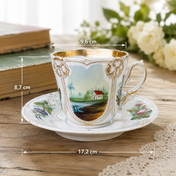 Grande tasse à chocolat ancienne en porcelaine de Paris à décor floral et paysager