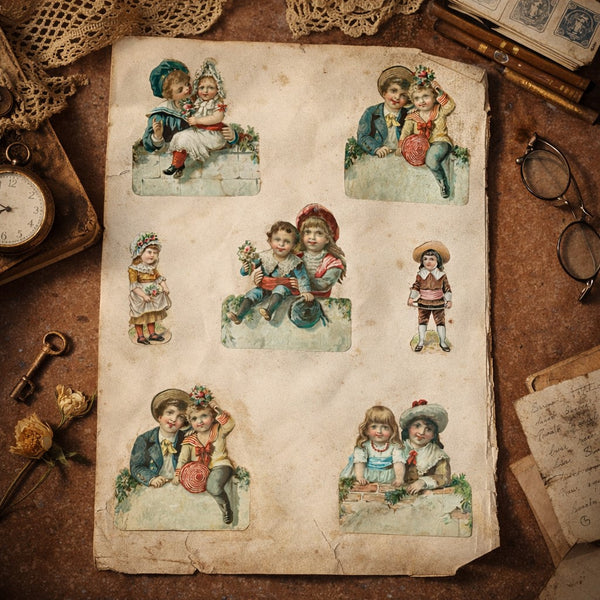 Planche / feuille d’album ancienne de 12 chromos découpis – Animaux & Enfants – Recto / Verso