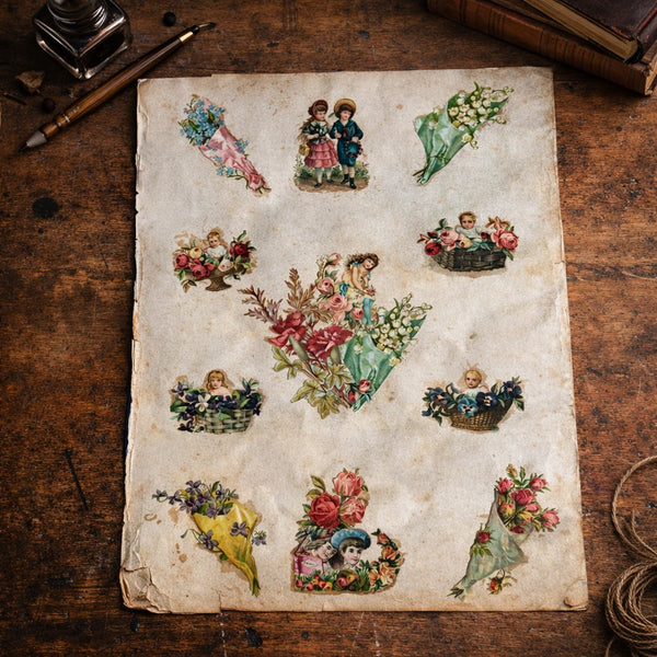 Planche / feuille d’album ancienne de 20 chromos découpis – Bouquets fleuris & Enfants – Recto / Verso