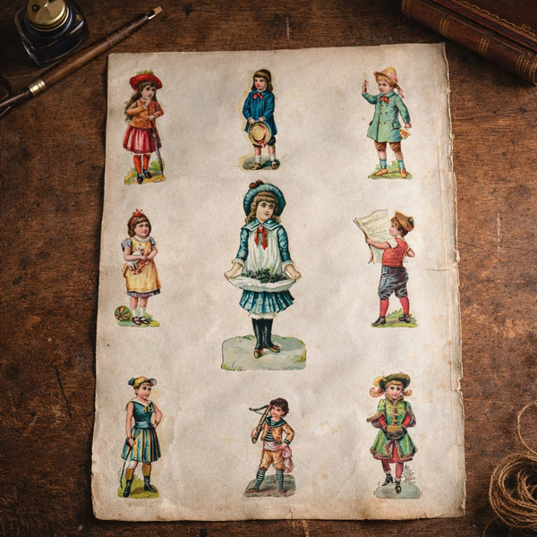 Planche / feuille d’album ancienne de 20 chromos découpis – Bouquets fleuris & Enfants – Recto / Verso