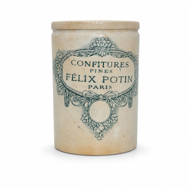 Pot ancien patiné en faïence « Confitures Fines Félix Potin Paris »