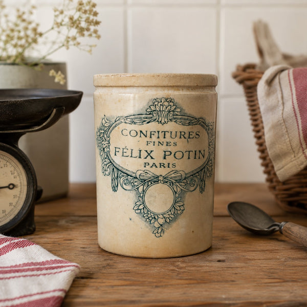 Pot ancien patiné en faïence « Confitures Fines Félix Potin Paris »