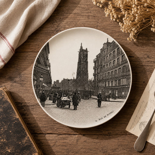 Ancienne assiette à dessert 19,5 cm en faïence HB Choisy-le-Roi – Modèle « Paris - 5. Rue de Rivoli »