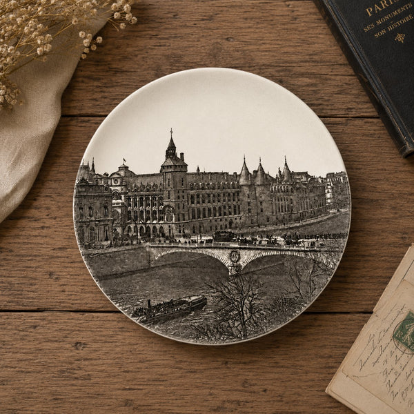 Ancienne assiette à dessert 19,5 cm en faïence HB Choisy-le-Roi – Modèle « Paris - 7. Pont aux Changes »