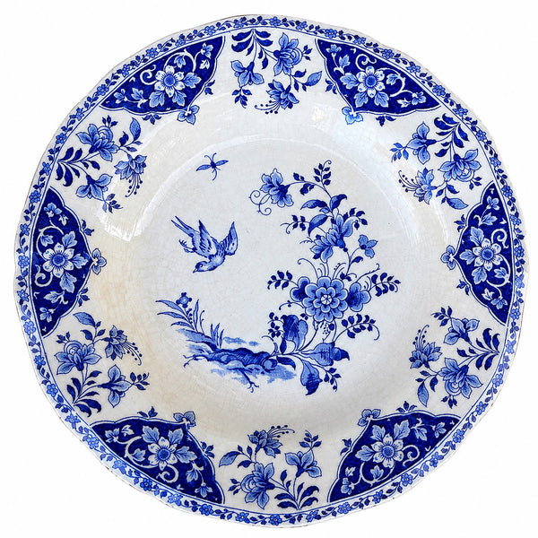 Lot de 6 assiettes creuses anciennes Gien modèle Delft en faïence bleue et blanche à décor floral et oiseau